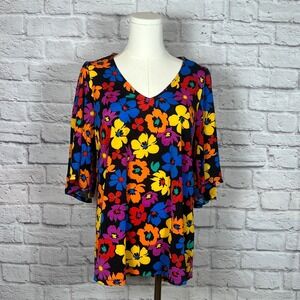 Dear Scarlett Women's S Black Multicolor Floral V-Neck 3/4 Sleeve Top Retro Chic